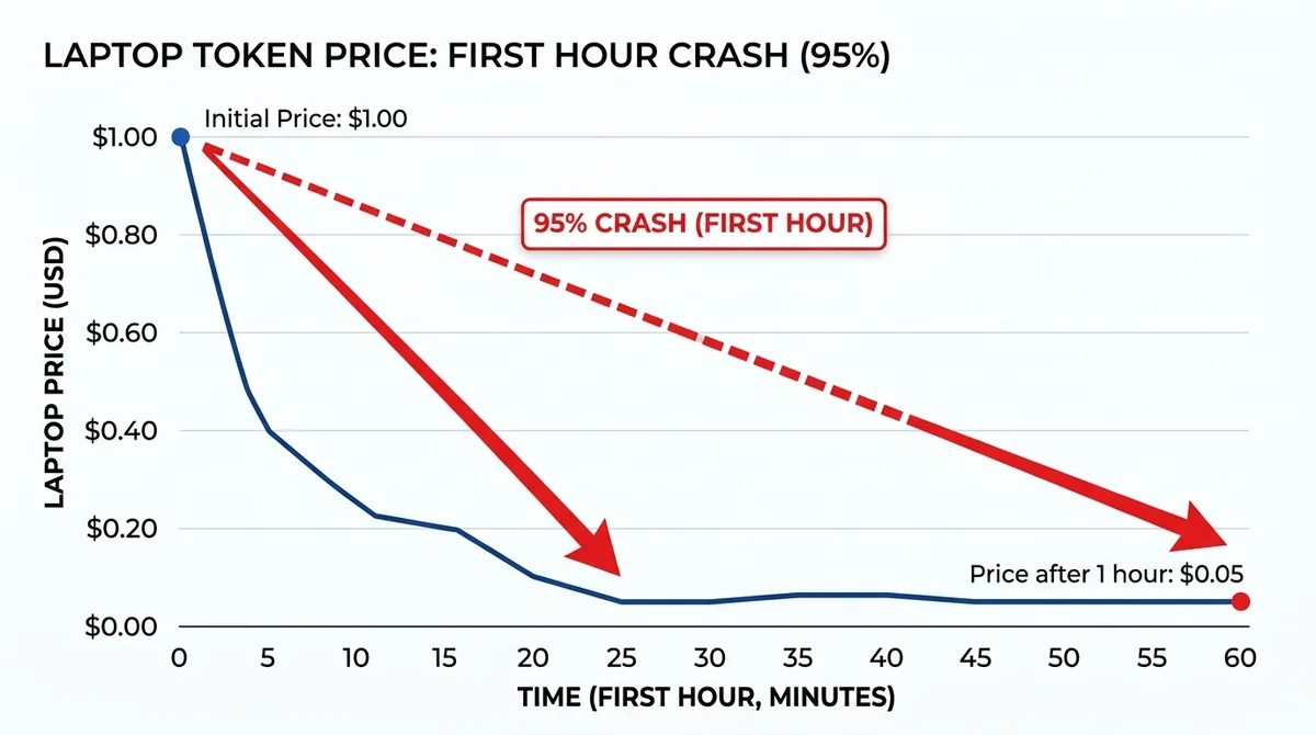 Bar chart showing LAPTOP token price drop from launch to 95% crash in first hour