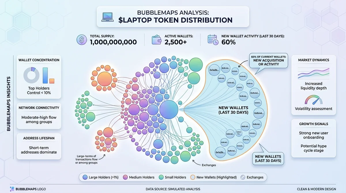 Infographic of LAPTOP token on-chain evidence: new wallet concentration and losses