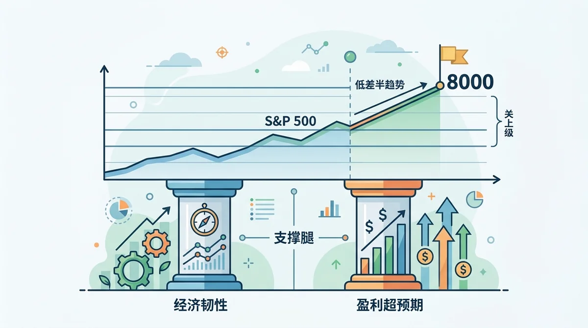 S&P 500温和看涨与8000点布局信息图:展示指数近期走势、关键水平、经济韧性与盈利超预期两条支撑腿