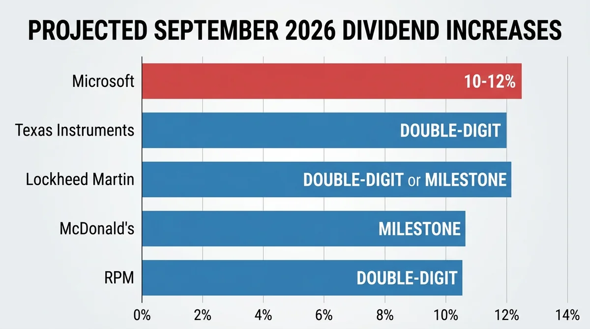 Wide 16:9 horizontal bar chart comparing expected September 2026 dividend increases for Microsoft, Texas Instruments, Lockhee