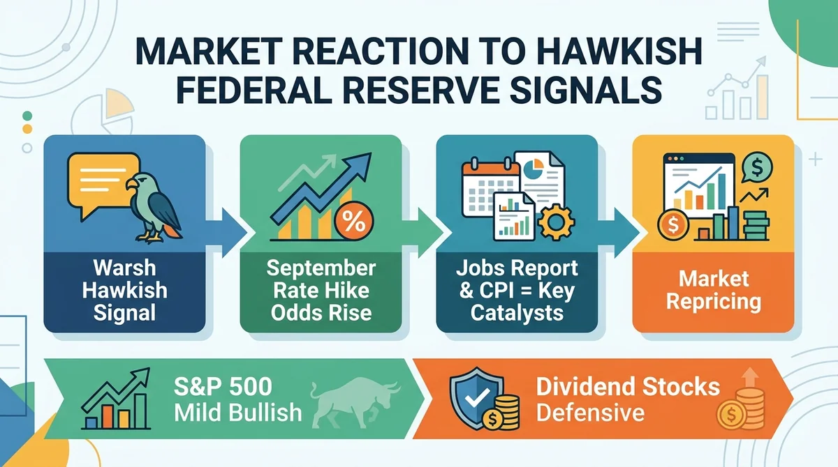 Wide 16:9 horizontal infographic, flowchart with arrows: 'Warsh Hawkish Signal' -> 'September Rate Hike Odds Rise' -> 'Jobs R