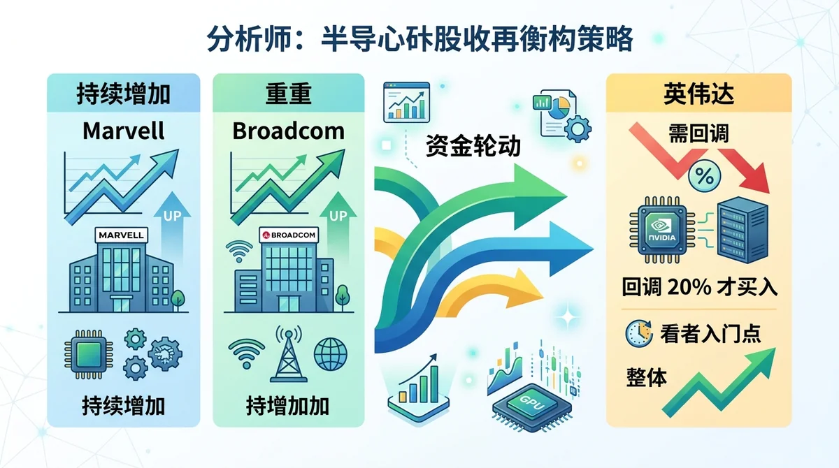 分析师芯片股仓位再平衡信息图，左侧展示Marvell和Broadcom已增持，右侧展示Nvidia需回调20%才买入，中间用箭头表示资金轮动