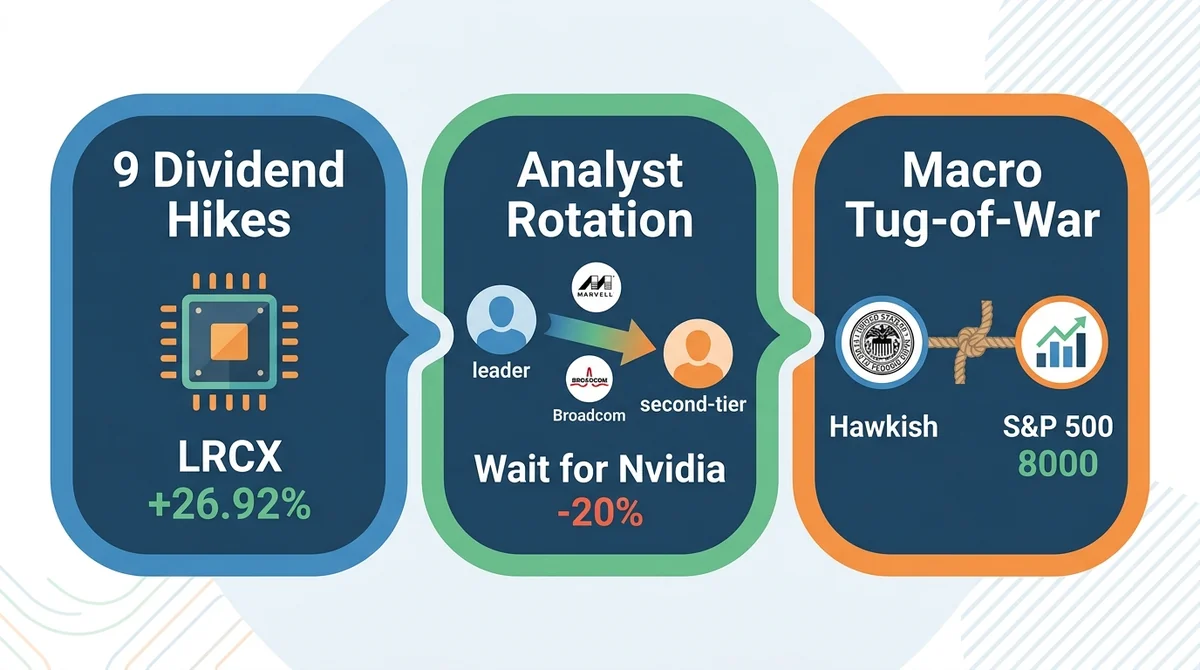 Wide 16:9 horizontal infographic. Three connected rounded panels: Panel 1 '9 Dividend Hikes' with chip icon and LRCX +26.92%;