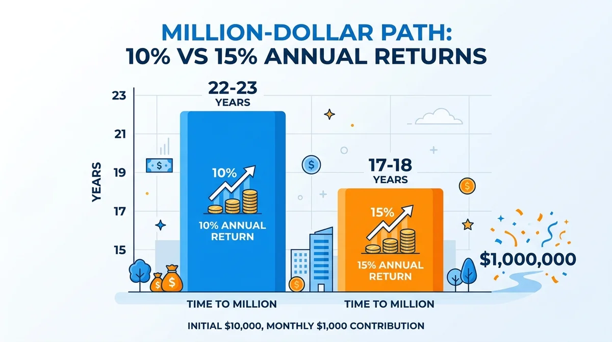 Wide 16:9 horizontal column chart; bold English title 'Million-Dollar Path: 10% vs 15% Annual Returns'; two vertical columns