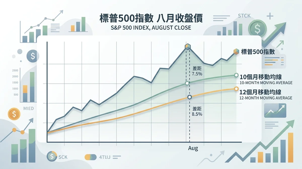 标普500指数八月收盘价与10个月和12个月移动均线对比图,标注差距7.5%和8.5%