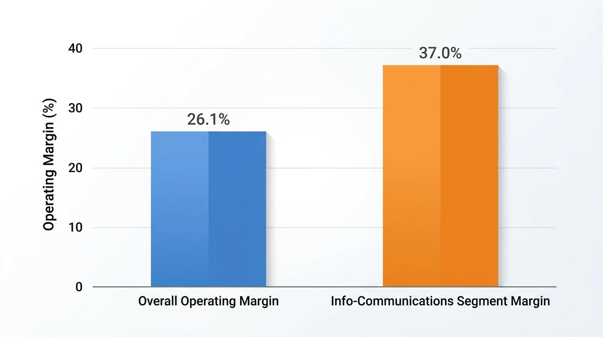 Wide 16:9 horizontal bar chart, two vertical bars centered, labels in English: 'Overall Operating Margin' (value 26.1%) and '