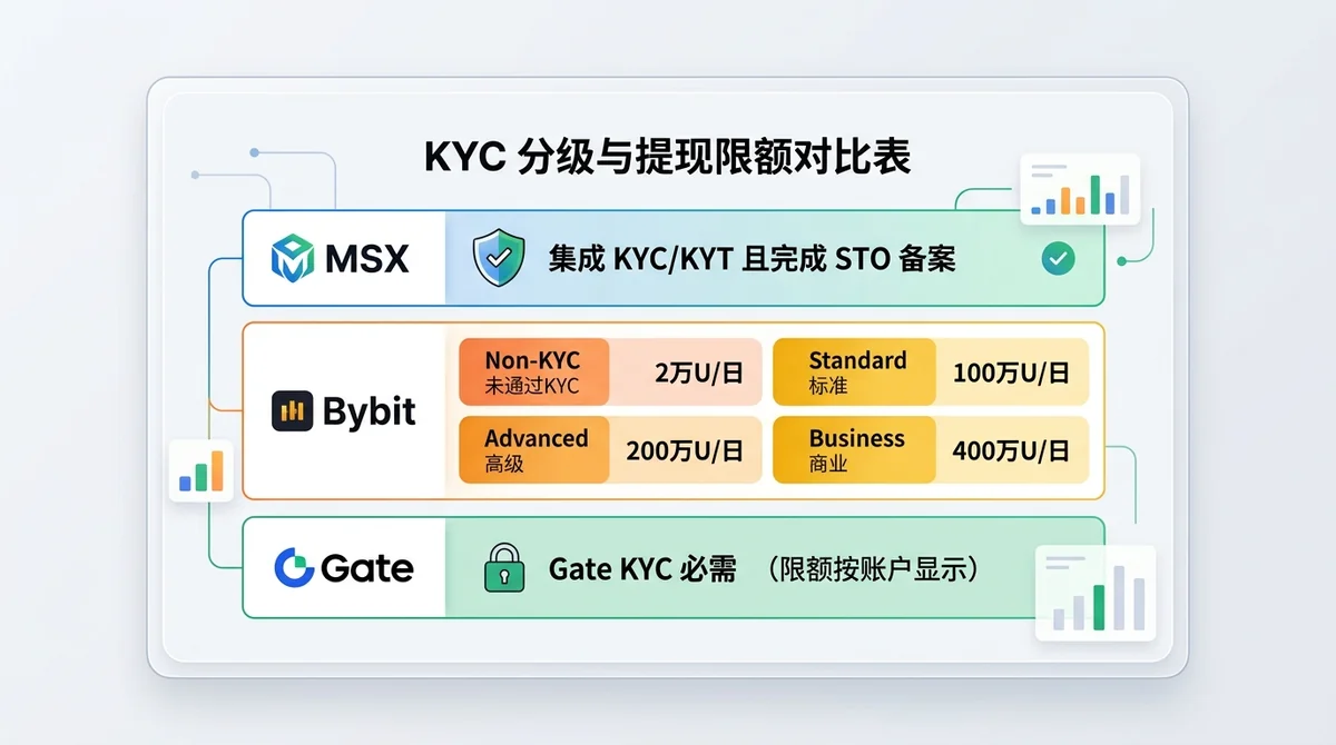 KYC 分级与提现限额对比表,横向条形图或表格展示三家:MSX 集成 KYC/KYT 且完成 STO 备案;Bybit Non-KYC 2万U/日、Standard 100万U/日、Advanced 200万U/日、Business 400万U/日;