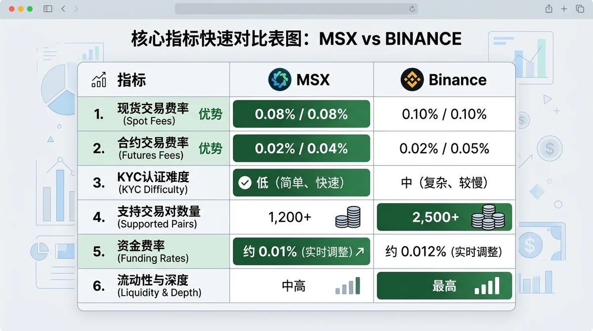 核心指标快速对比表图:以双列表格形式并排展示 MSX 与 Binance 的现货费率、合约费率、KYC难度、支持交易对数量、资金费率等6项核心指标,绿色标注更优一方