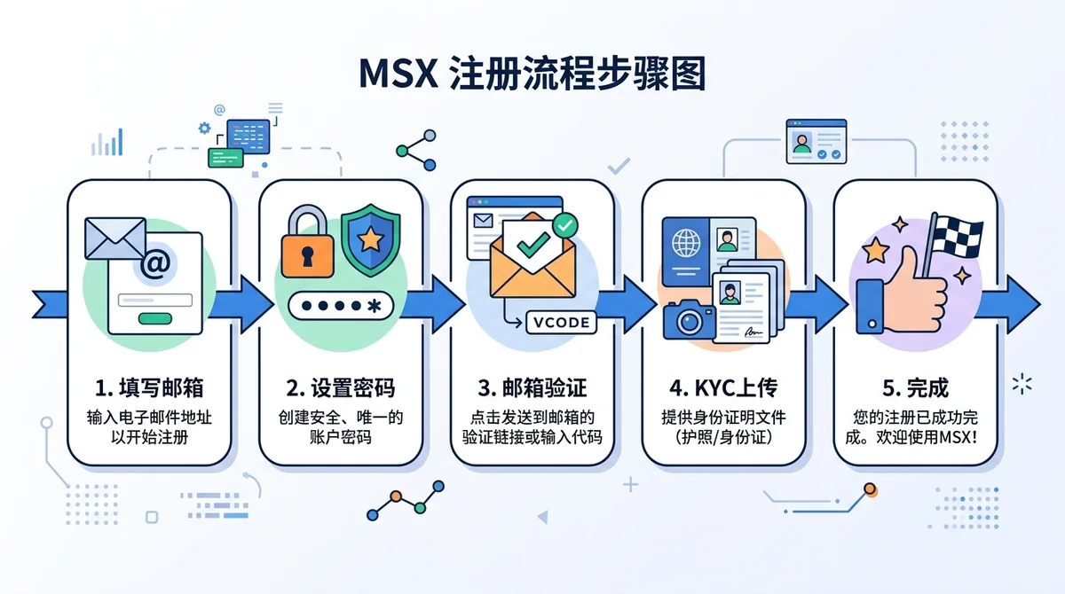 MSX 注册流程步骤图:横向时间轴展示5个注册步骤(填写邮箱→设置密码→邮箱验证→KYC上传→完成),每步配图标与简短说明,箭头指引流程方向