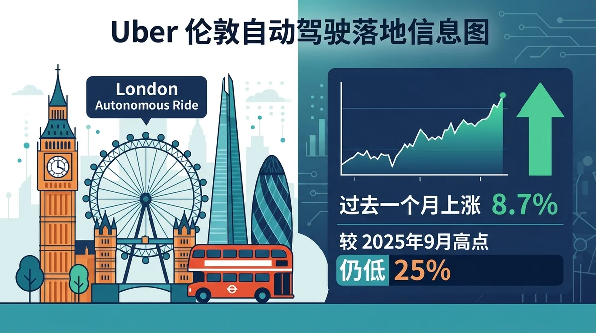 Uber 伦敦自动驾驶落地信息图:左侧伦敦地标插画与'London Autonomous Ride'标签,右侧展示股价数据:过去一个月上涨8.7%,较2025年9月高点仍低25%