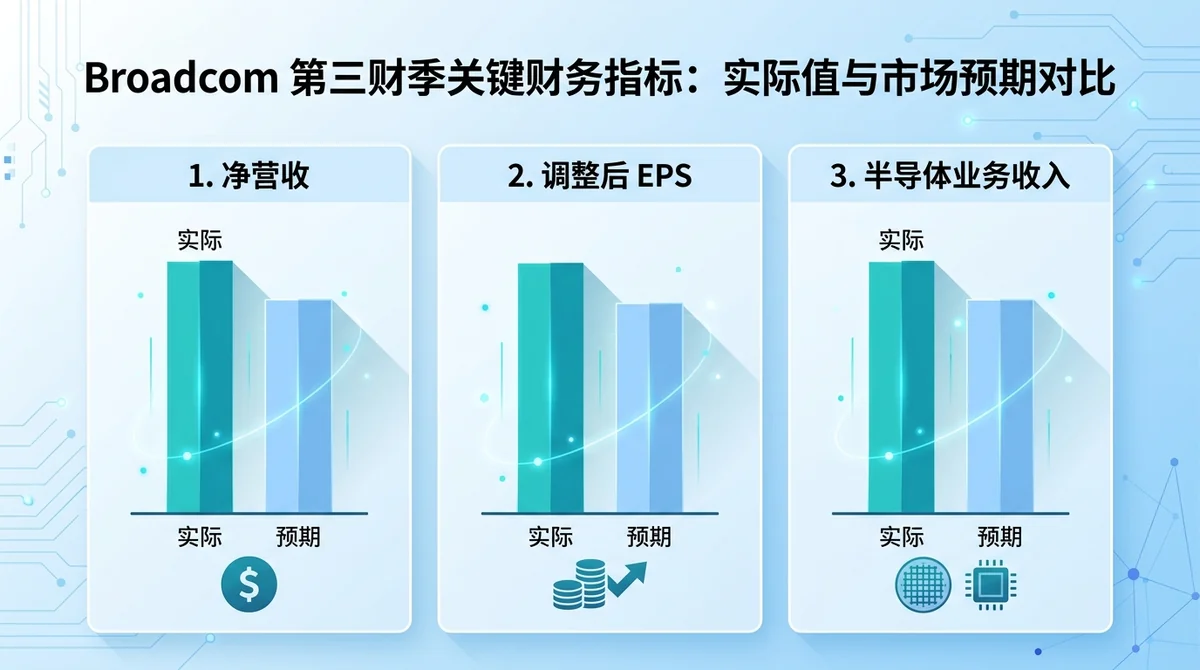 Broadcom 第三财季关键财务指标实际值与市场预期对比柱状图，包括营收、调整后EPS、半导体收入。
