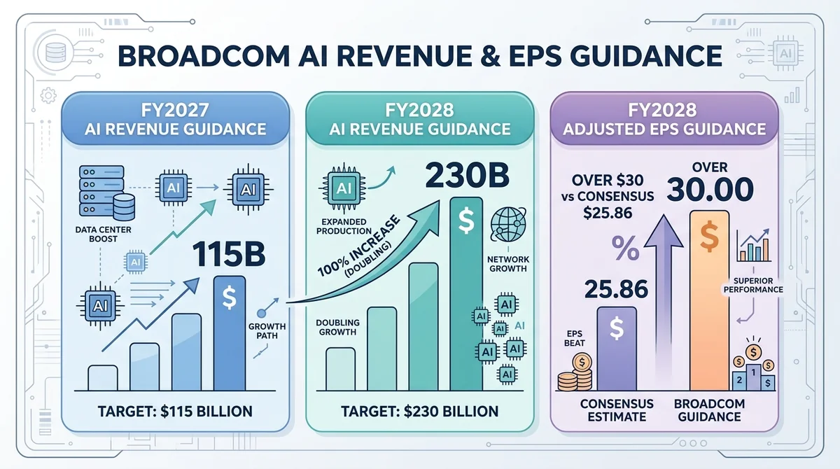 展示 Broadcom AI 收入指引的翻倍增长路径：2027财年1150亿美元，2028财年2300亿美元，以及2028财年调整后EPS指引超30美元 vs 共识25.86美元。