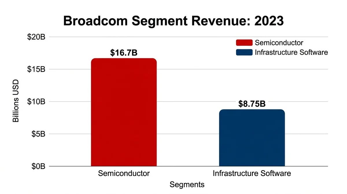 Wide 16:9 horizontal bar chart, two vertical bars labeled 'Semiconductor' and 'Infrastructure Software' in English, y-axis in
