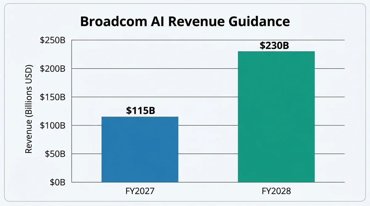 Wide 16:9 horizontal bar chart, two vertical bars labeled 'FY2027' and 'FY2028' in English, y-axis in billions USD, value lab