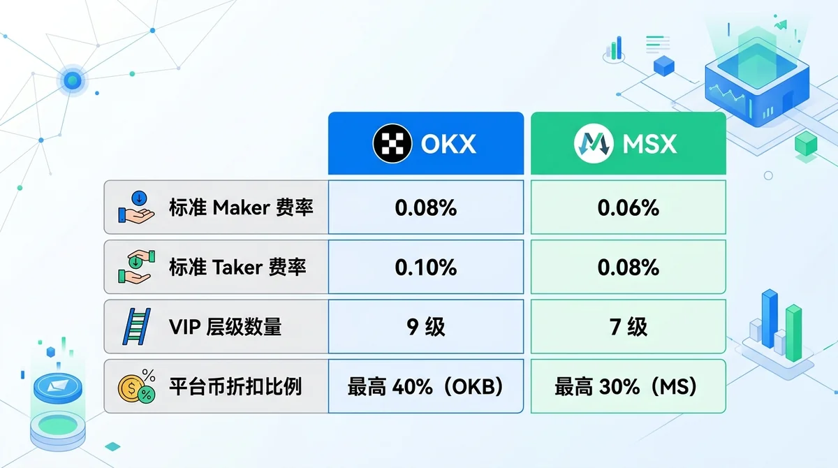 OKX vs MSX 核心费率快速对比表:包含标准 Maker 费率、标准 Taker 费率、VIP 层级数量、平台币折扣比例四项指标的双列对比图表,数据标注具体百分比数值