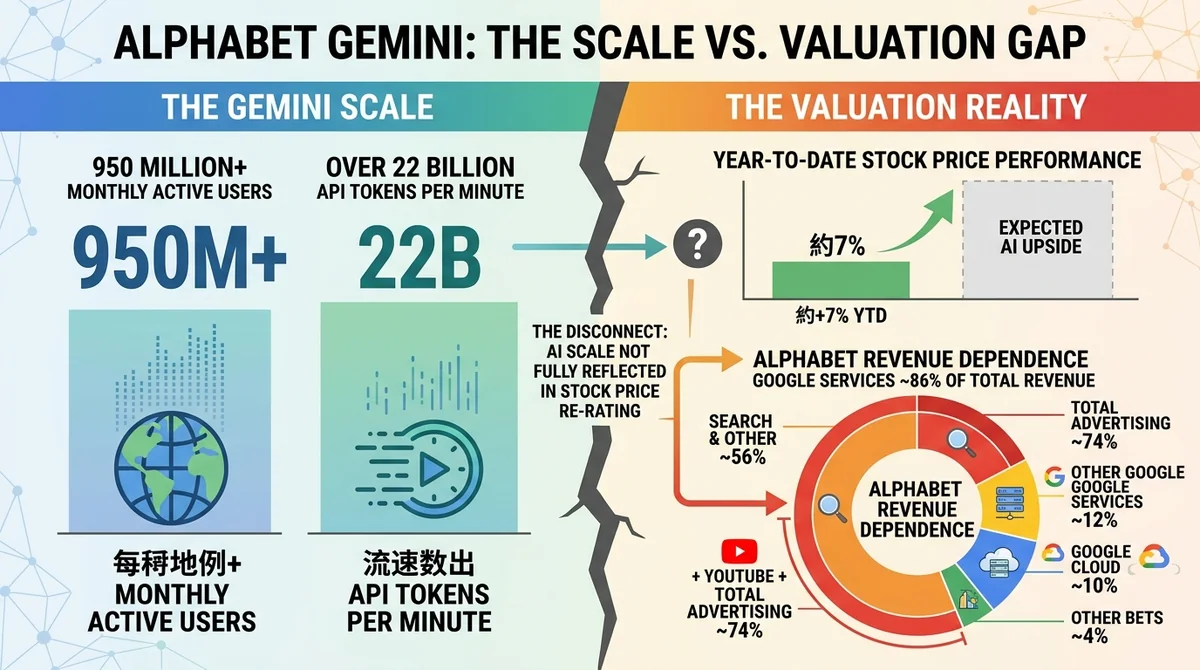 信息图展示Alphabet Gemini规模与股价表现裂口:左侧列出Gemini月活9.5亿、每分钟约220亿API token;右侧展示Alphabet年初至今股价仅涨约7%、Google Services占营收86%、广告占74%、搜索占56%,