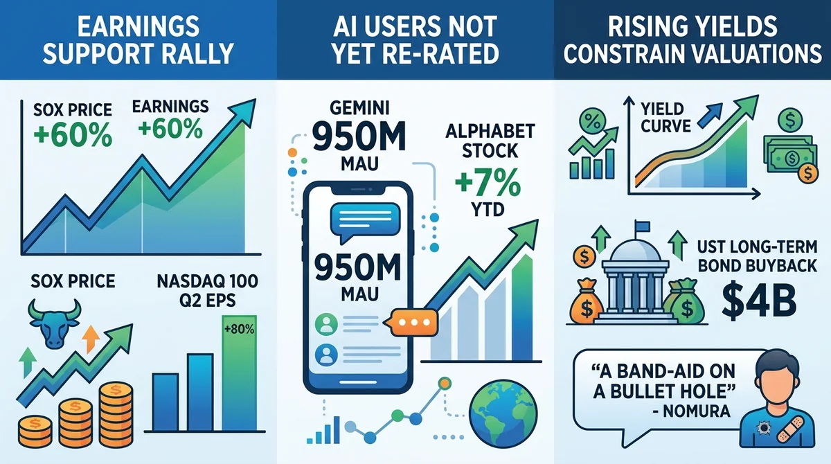 Wide 16:9 horizontal infographic with three equal panels. Panel 1 header 'Earnings Support Rally': show SOX +60% price and +6