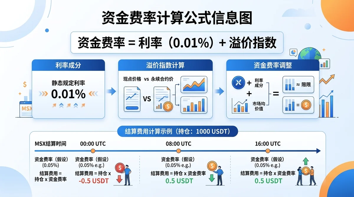 资金费率计算公式信息图:顶部展示公式'资金费率 = 利率(0.01%)+ 溢价指数',中部用分步流程图拆解各组成部分含义,底部用示例数字(持仓1000 USDT)演示每次结算费用计算过程,同时标注MSX每日三次结算时间节点(00:00 / 08:00