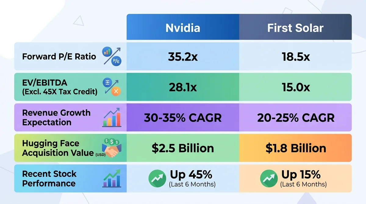 Wide 16:9 horizontal comparison table infographic, two columns for Nvidia and First Solar, rows for forward P/E, EV/EBITDA ex