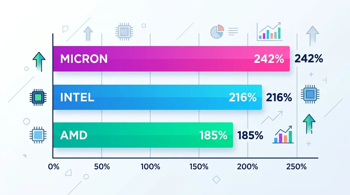 柱状图对比 Invesco 基金未持有的三只芯片股第二季度涨幅:Micron 242%、AMD 185%、Intel 216%,突出基金错失的高弹性收益
