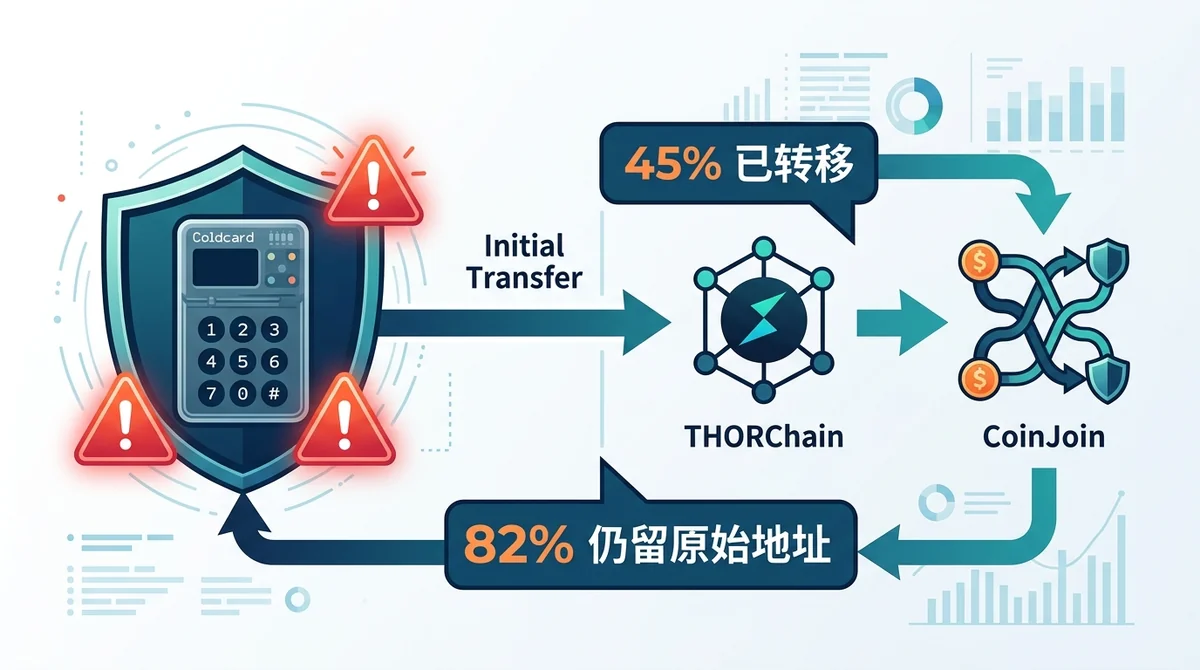 Coldcard 被盗资金洗钱路径追踪：第三波攻击者已转移45%，THORChain与CoinJoin现身 2026