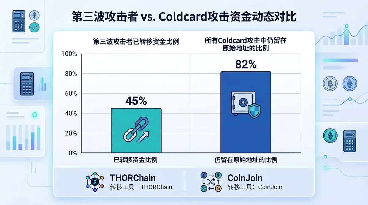 对比柱状图:左侧柱显示第三波攻击者已转移资金比例45%,右侧柱显示所有Coldcard攻击中仍留在原始地址的比例82%,图表下方标注转移工具 THORChain 与 CoinJoin。