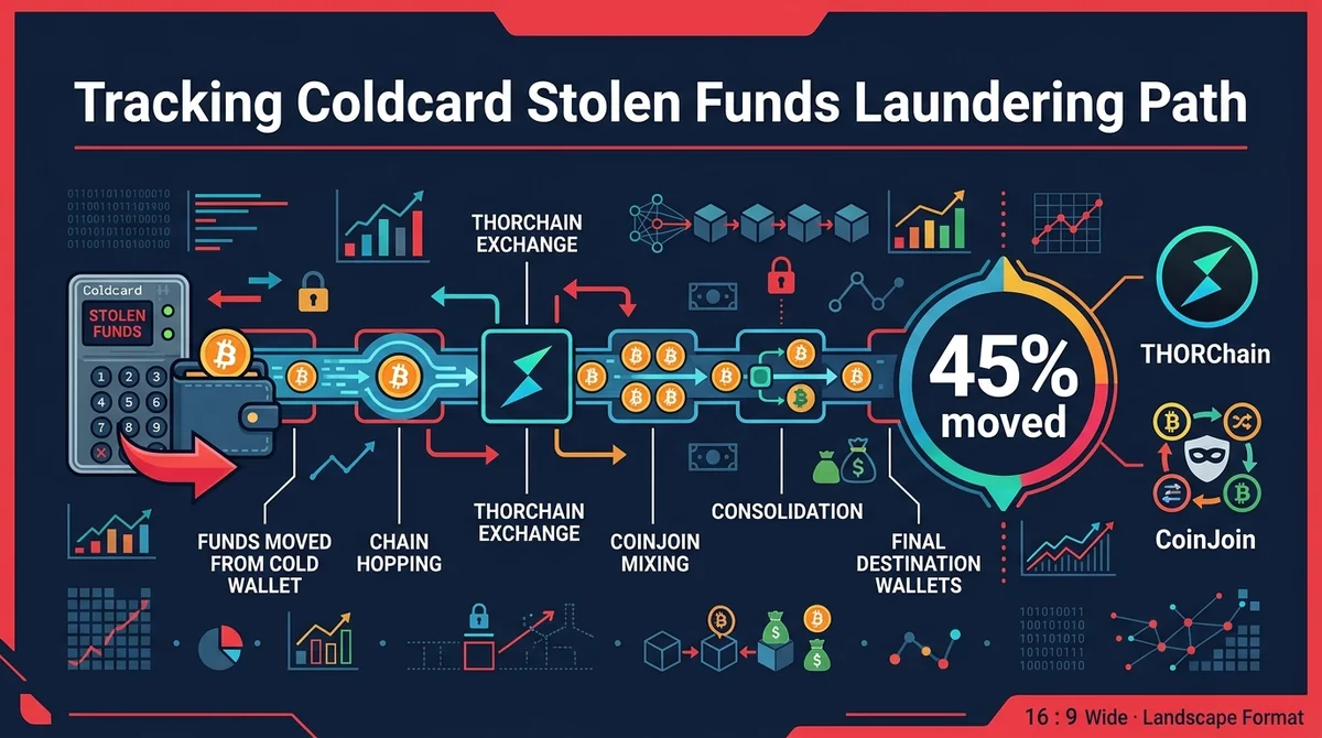 Tracking the Coldcard Stolen Funds Laundering Path: Third-Wave Attacker Moves 45% via THORChain and CoinJoin in 2026