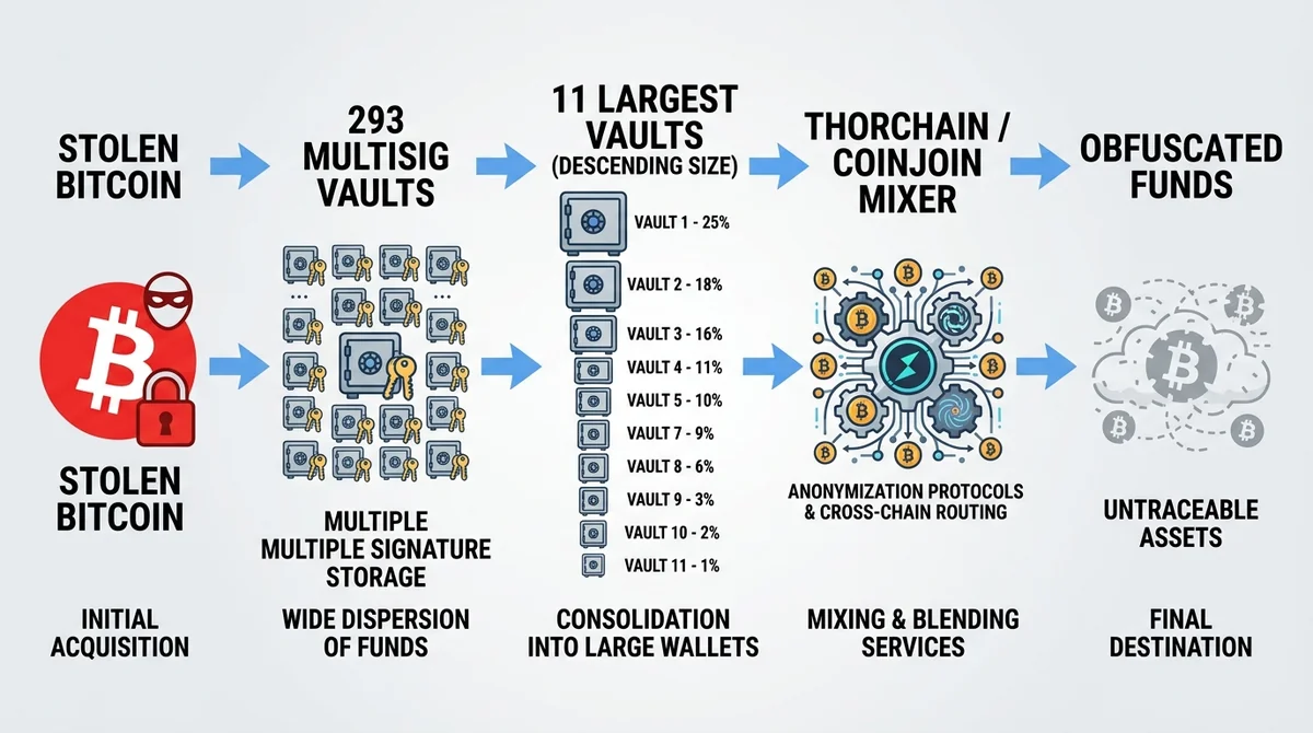 Wide 16:9 horizontal flow diagram, left-to-right sequence: Stolen Bitcoin icon -> 293 multisig vaults -> 11 largest vaults (d