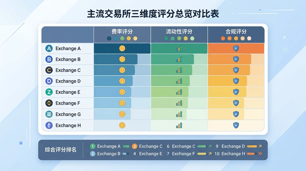 主流交易所三维度评分总览对比表:行为各大交易所名称,列为费率评分、流动性评分、合规评分,颜色深浅代表分值高低,底部附综合评分排名