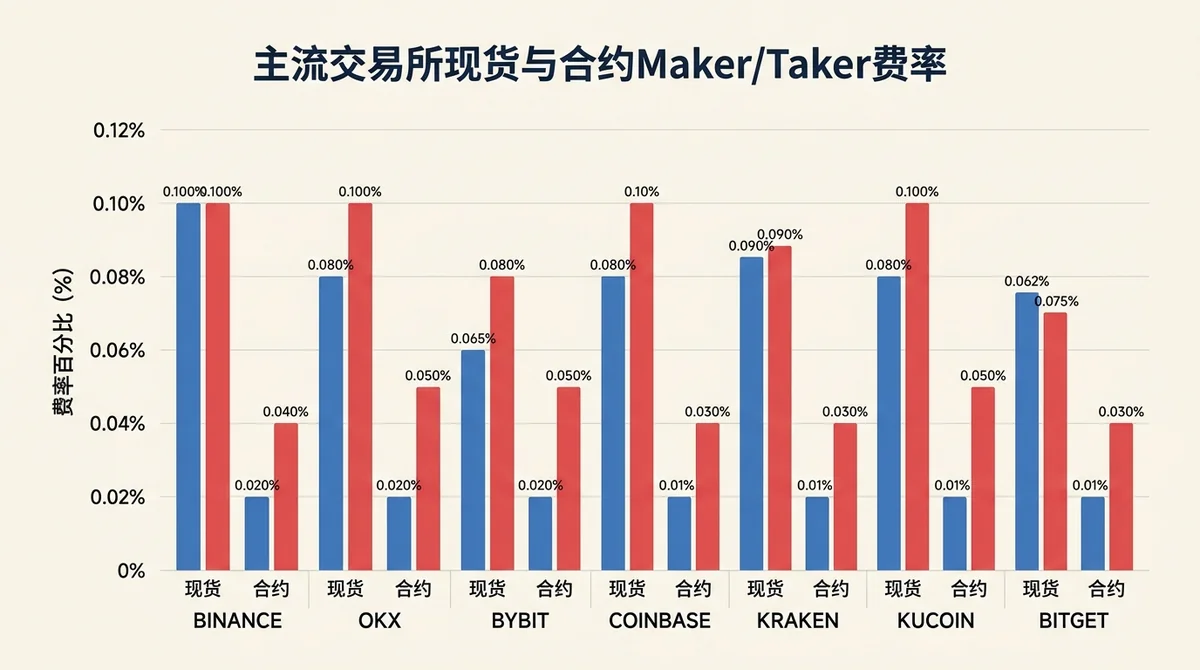主流交易所现货与合约Maker/Taker费率并列柱状图,X轴为交易所名称,Y轴为费率百分比,蓝色柱为Maker费率,红色柱为Taker费率,标注各柱具体数值