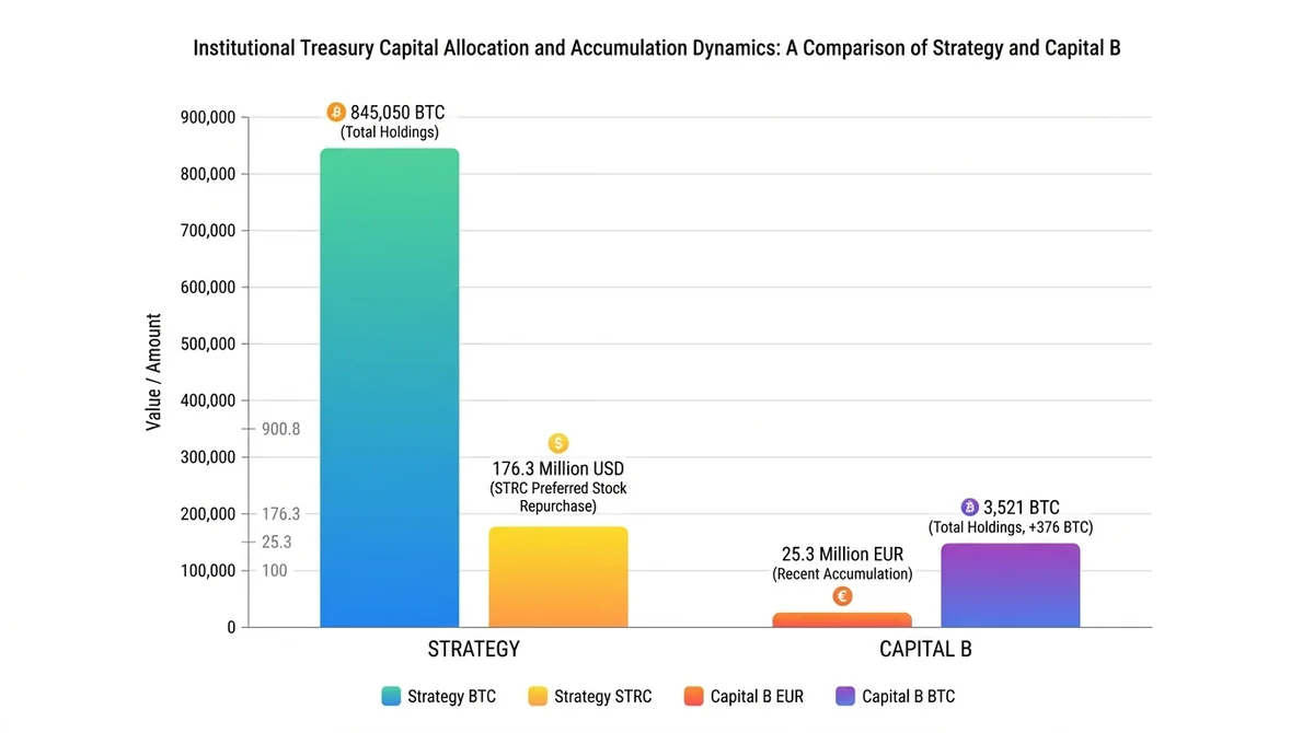 机构财库资本配置与增持动态对比柱状图：横向对比 Strategy（845,050 BTC 现持仓及 1.763 亿美元 STRC 优先股回购）与 Capital B（2530 万欧元增持 376 BTC 至 3,521 BTC）的资本运作规模与策略差