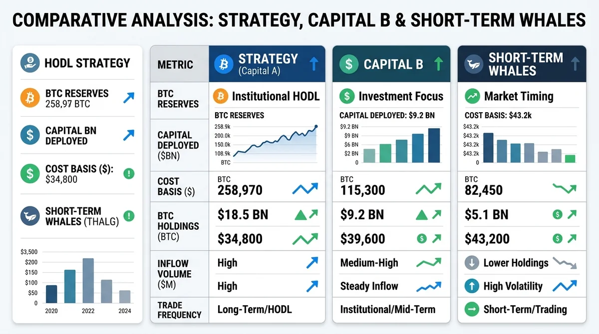Wide 16:9 horizontal comparison chart and breakdown cards, clear tabular layout comparing Strategy, Capital B, and Short-Term