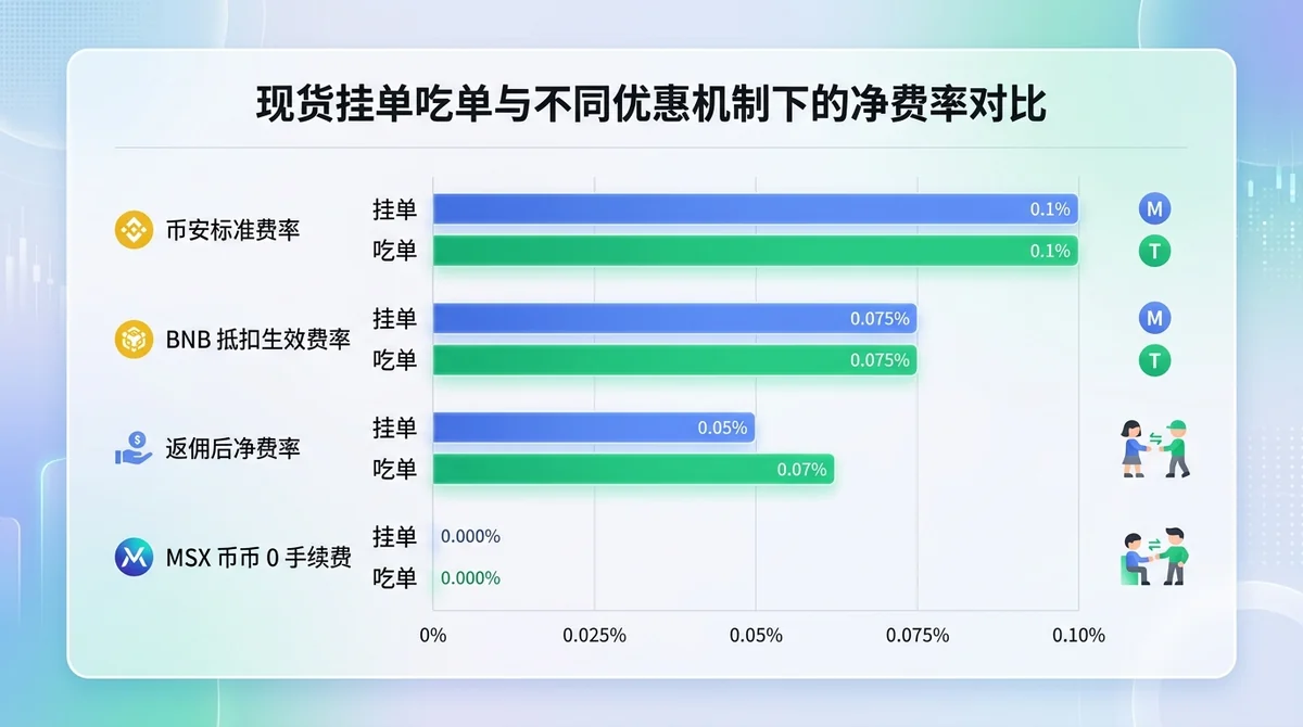 现货挂单吃单与不同优惠机制下的净费率对比横向柱状图,直观对比币安标准 Maker/Taker (0.1%)、BNB 抵扣生效费率 (0.075%)、返佣后净费率及 MSX 币币 0 手续费