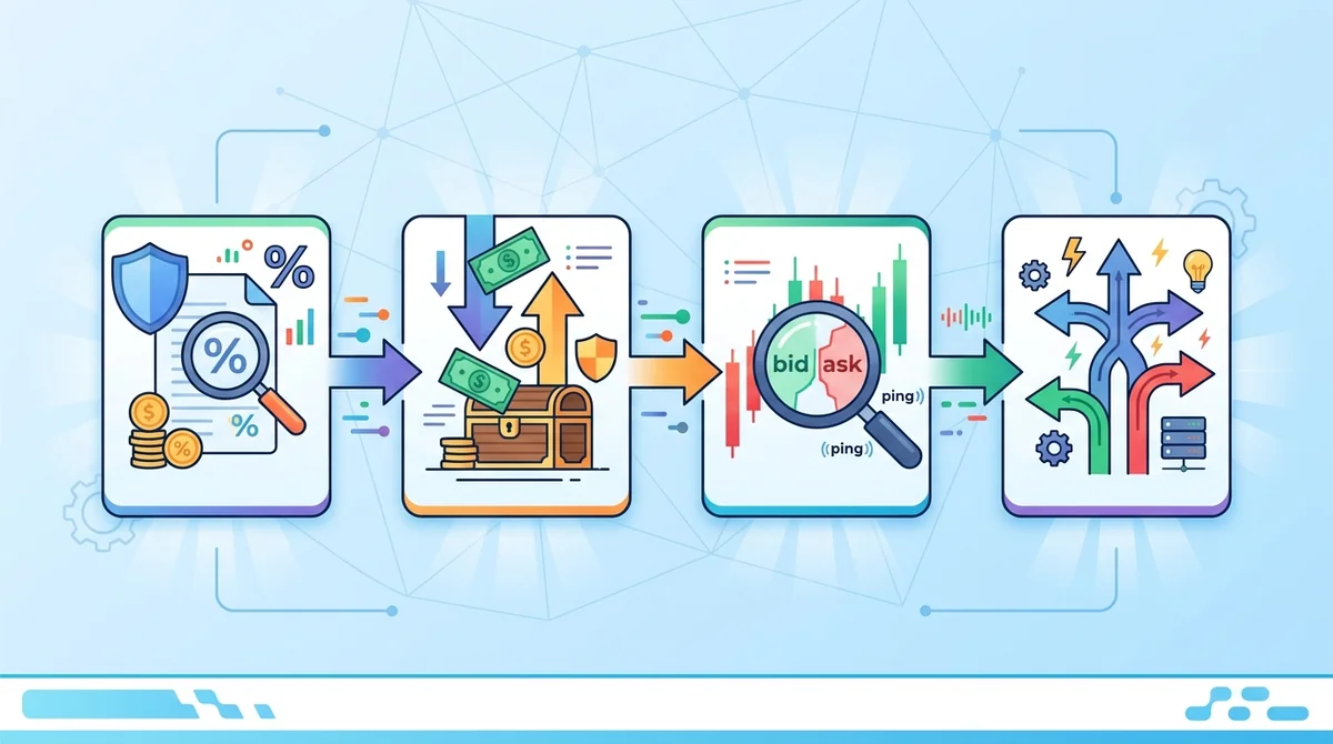 API 量化全流程成本核算四步流程图,涵盖基础费率核定、返佣现金流并入、WebSocket 实测盘口价差与动态 Maker/Taker 订单路由