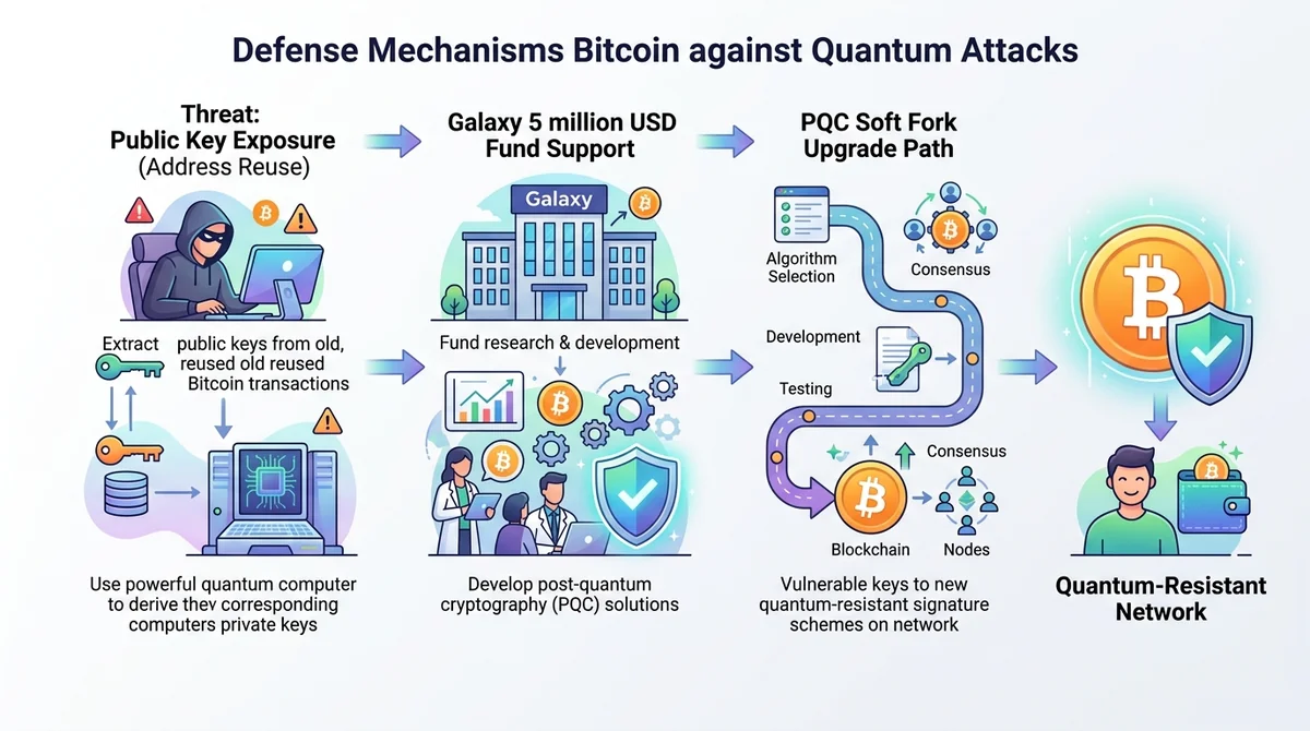 比特币抗量子防御机制流程图：从公钥暴露威胁（地址复用）到 Galaxy 500万美元基金资助，再到 PQC 软分叉升级路径