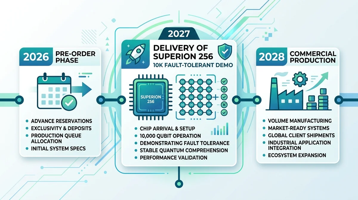 Wide 16:9 horizontal timeline infographic, horizontal milestone flow showing 2026 pre-order phase, 2027 delivery of Superion