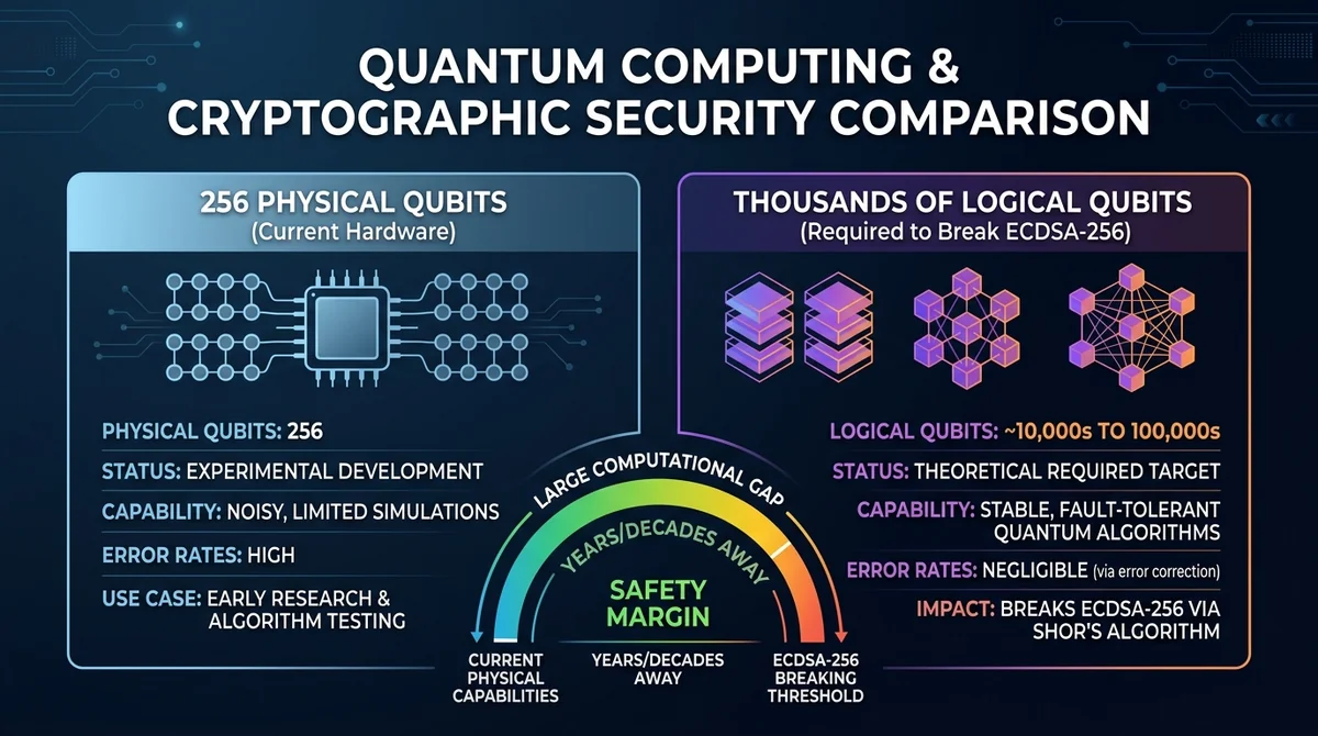 Wide 16:9 horizontal comparison chart graphic, two side-by-side comparison panels contrasting '256 Physical Qubits (Current H