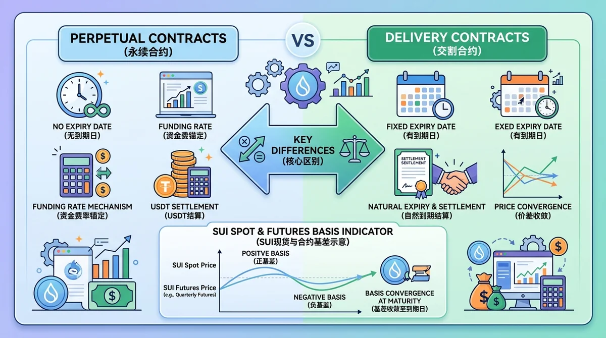 永续合约与交割合约核心区别对比信息图：左侧展示永续合约特性（无到期日、资金费率锚定、USDT结算），右侧展示交割合约特性（有到期日、自然到期结算、价差收敛），中央箭头标注关键区别，底部附 SUI 现货与合约基差示意