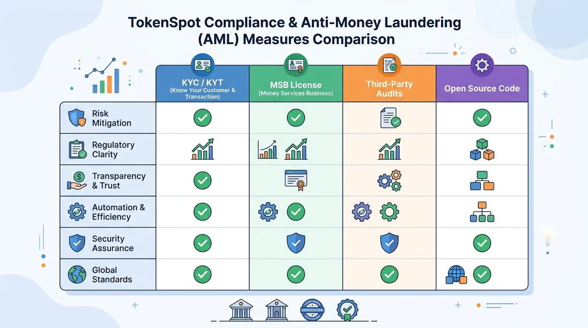 TokenSpot 合规与反洗钱措施对比表：KYC/KYT、MSB 牌照、第三方审计与开源代码的合规维度对比