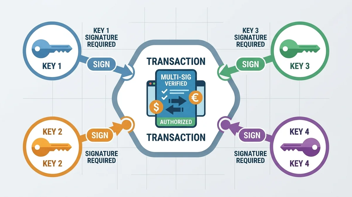 Wide 16:9 horizontal diagram, central transaction icon, multiple key icons pointing to it, arrows indicating required signatu