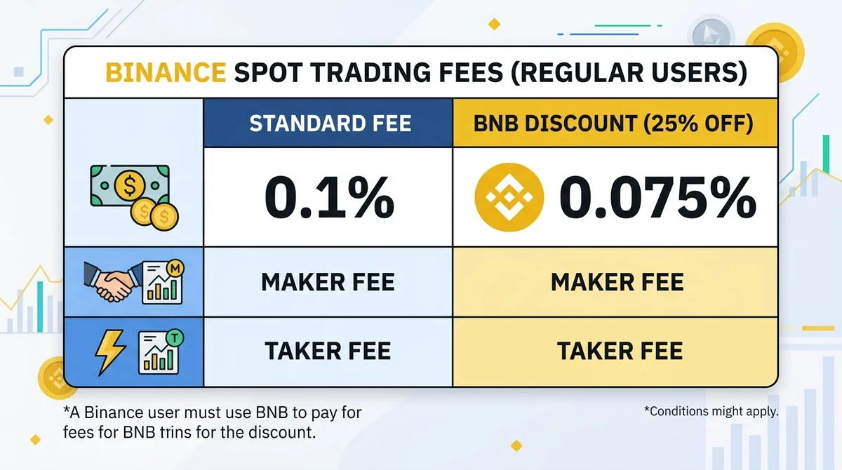 Table showing Binance spot trading fee structure for regular users: Maker 0.1%, Taker 0.1%, with BNB discount 0.075%.