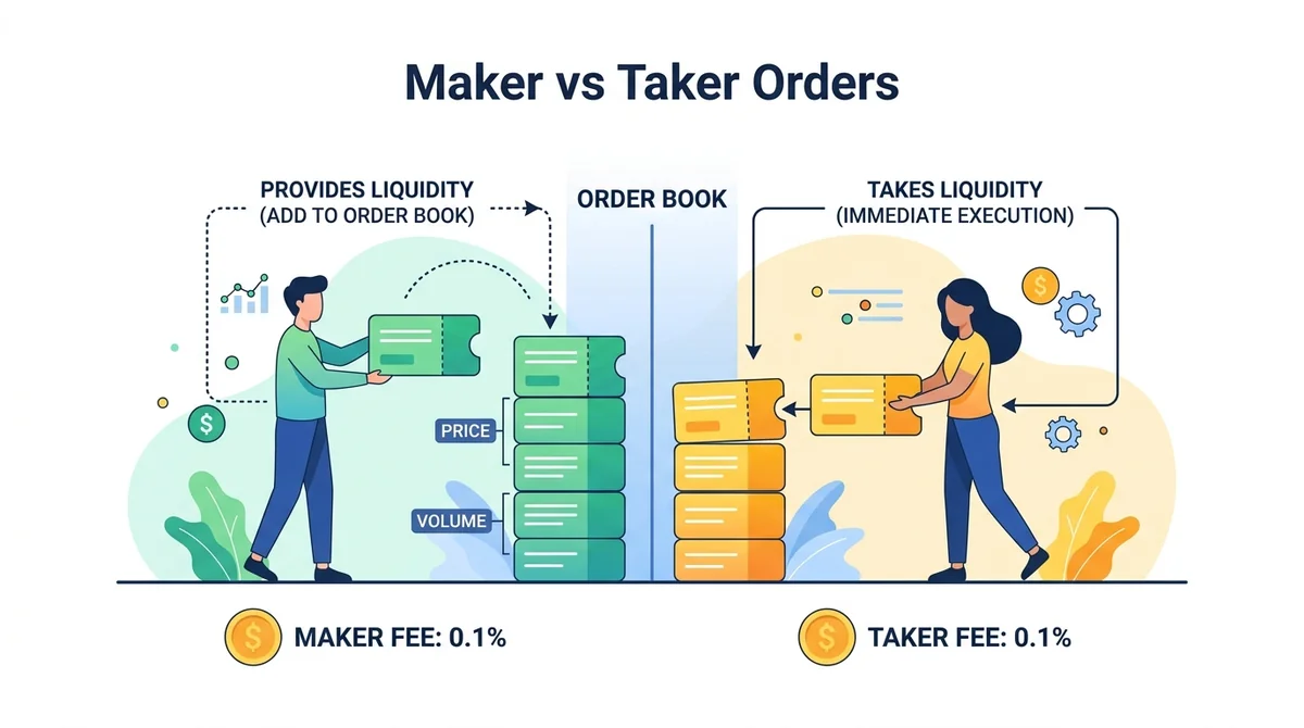 Visual explanation of Maker vs Taker orders: Maker provides liquidity (order book), Taker takes liquidity (immediate executio