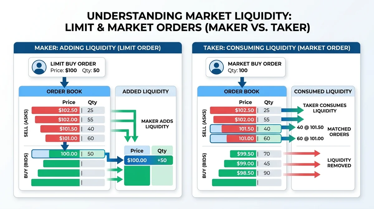 Wide 16:9 horizontal diagram, left panel shows a limit order being placed in an order book with arrows indicating added liqui