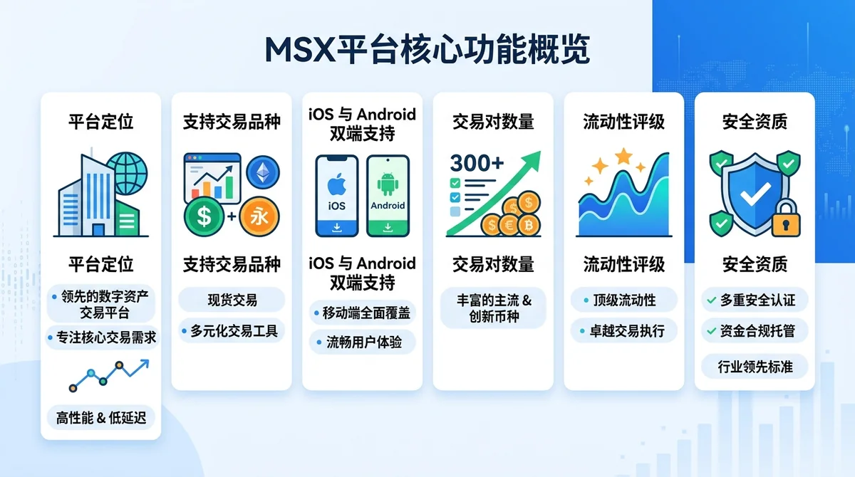 MSX平台核心功能概览信息图:横向排列展示平台定位、支持交易品种(现货/永续合约)、iOS与Android双端支持、交易对数量、流动性评级、安全资质等核心数据点,采用图标+数据卡片形式