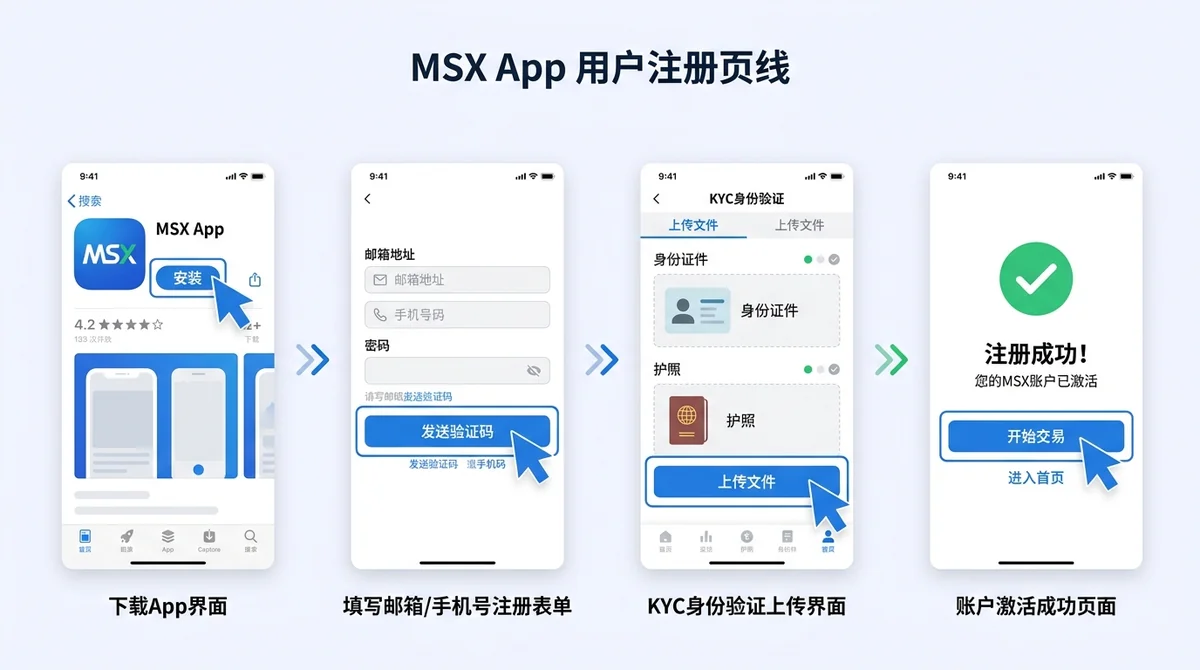 MSX App注册流程步骤图:横向分步展示4个注册关键步骤——①下载App界面、②填写邮箱/手机号注册表单、③KYC身份验证上传界面、④账户激活成功页面,每步配箭头与高亮标注操作位置