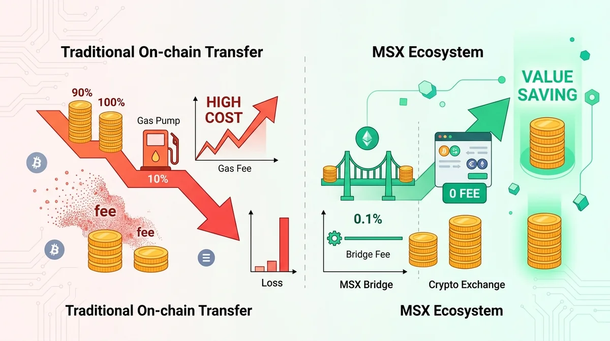 对比传统入金方式（如直接链上转账 Gas 费）与 MSX 跨链桥 0.1% 和币币交易 0 手续费的损耗差异，突出低成本优势。