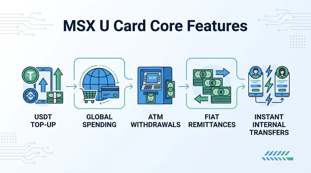 Wide 16:9 horizontal infographic, flow diagram of MSX U Card core features, five icons connected by arrows: USDT top-up, glob