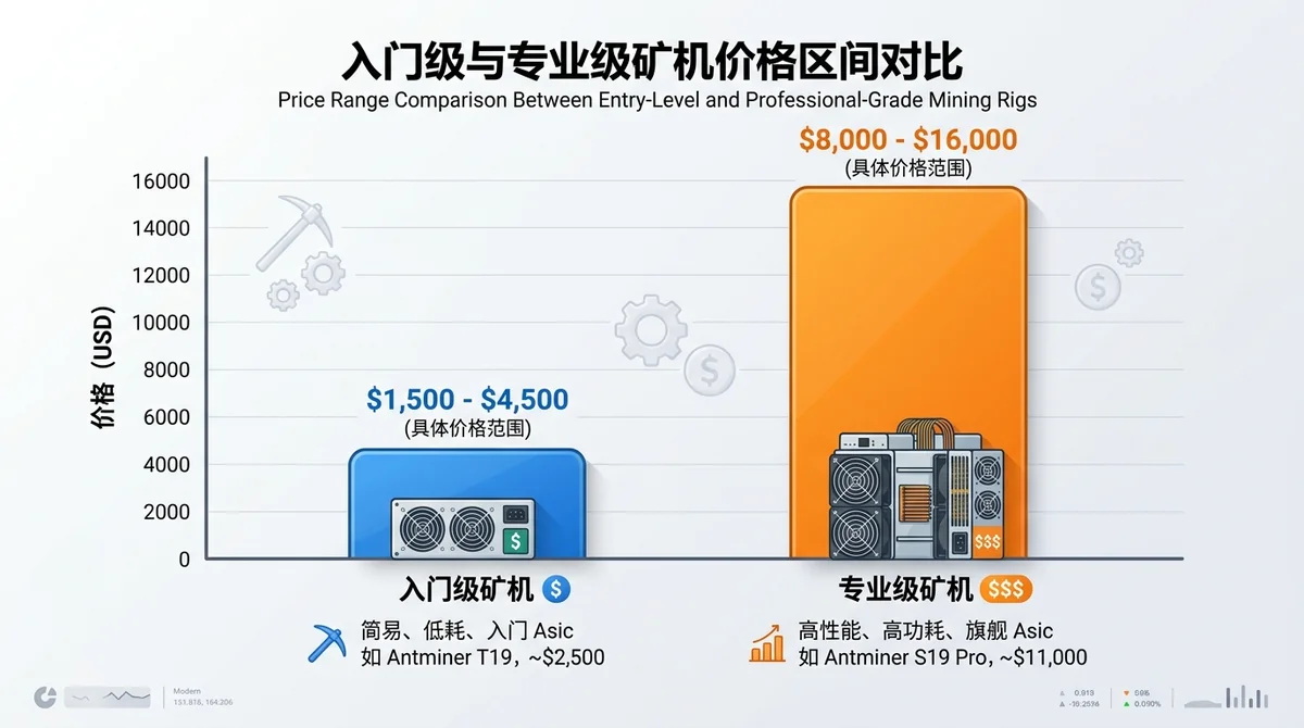 入门级与专业级矿机价格区间对比柱状图，标注具体价格范围