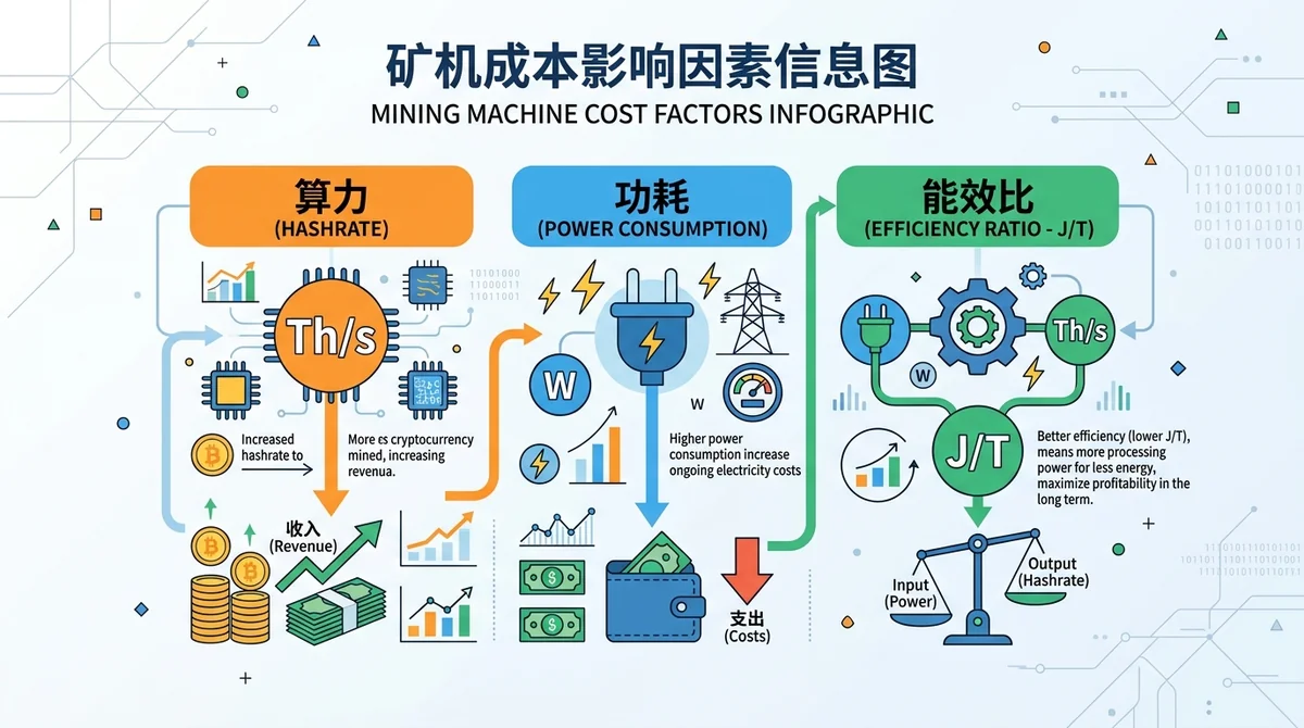 矿机成本影响因素信息图:展示算力、功耗、能效比三个核心指标及其对长期成本的影响
