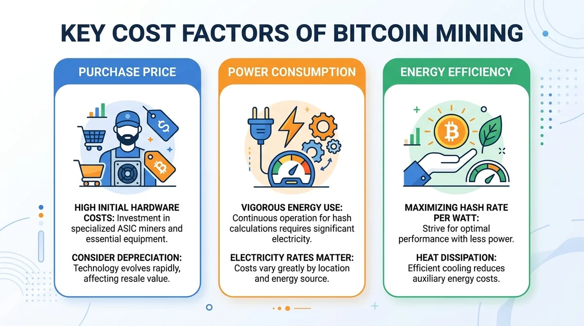 Wide 16:9 horizontal infographic with three columns for purchase price, power consumption, and energy efficiency, each with a